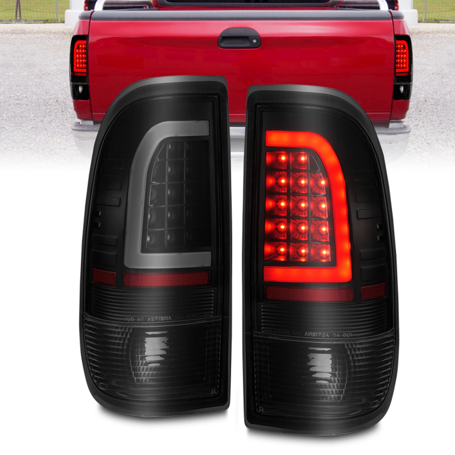Black Smoke LED Tail Lights w/Light Bar <br>97-03 Ford F-150, F-250, F-350, F-450 Super Duty