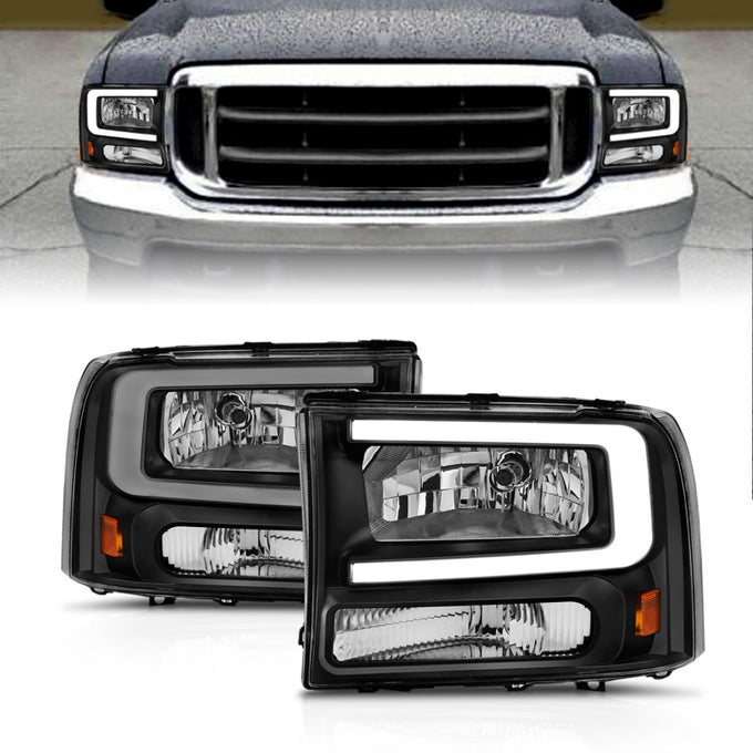 Black Housing LED DRL Crystal Headlights <br> 99-04 Ford F250/F350/F450/Excursion