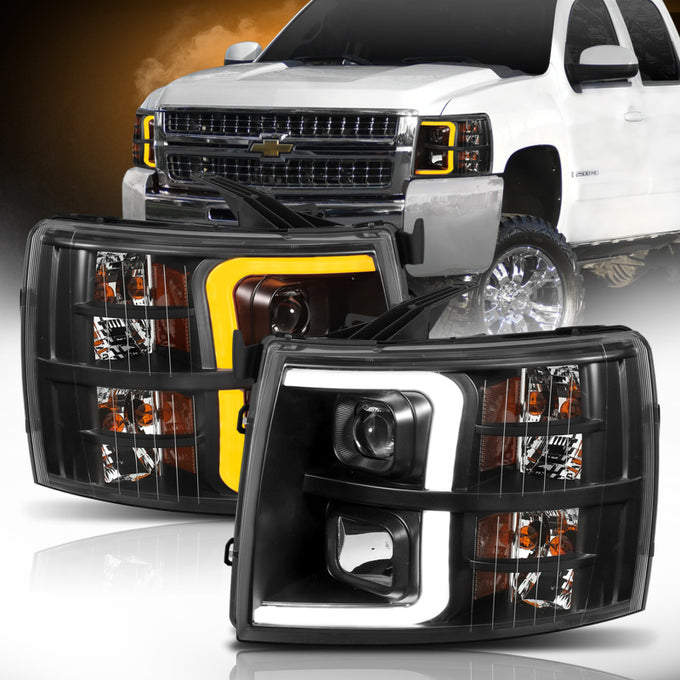 Black Projector Headlights Plank Style w/Amber Corne <br>07-13 Chevy Silverado 1500 2500 3500