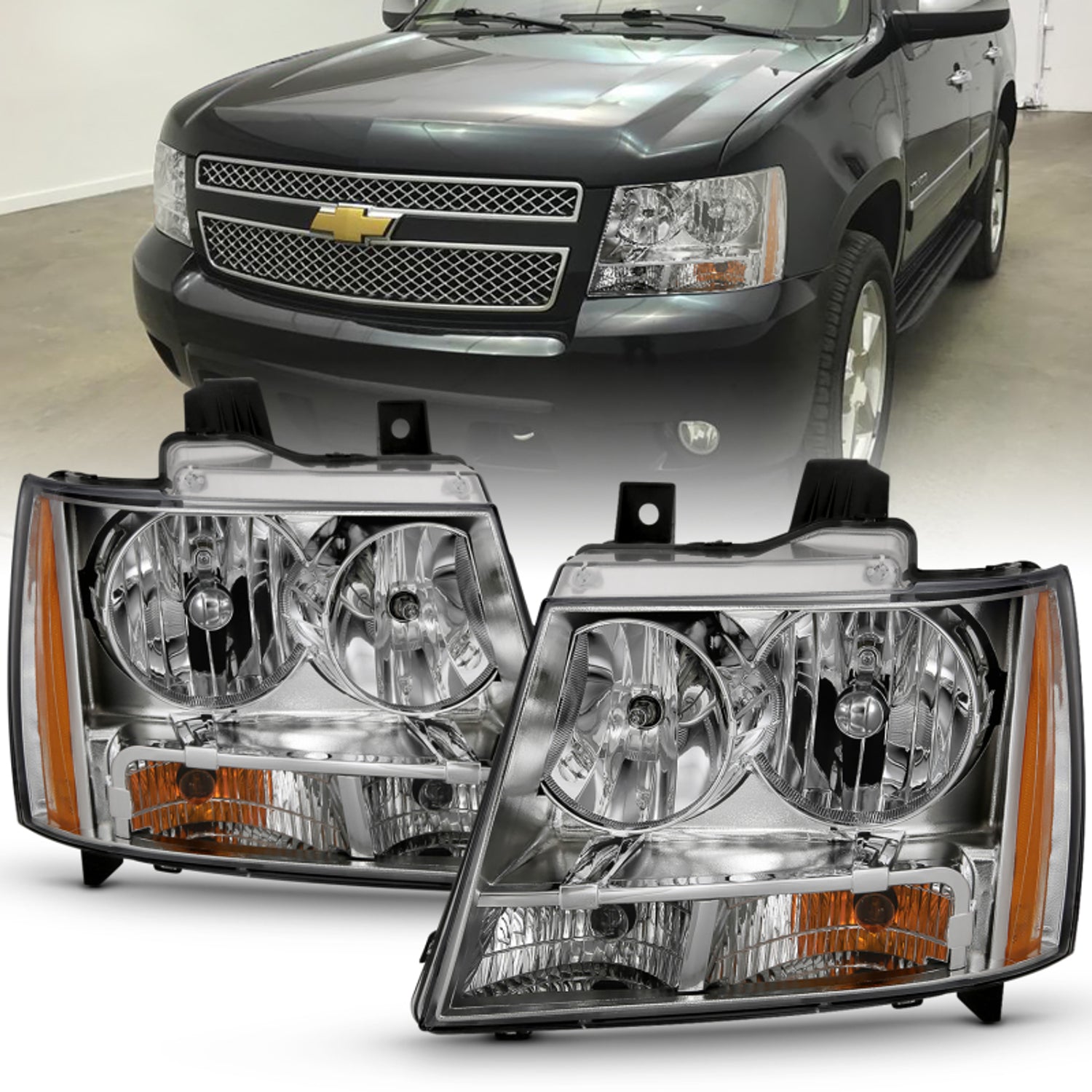 Chrome Amber Crystal Headlights <br> 07-14 Chevy Tahoe, Avalanche