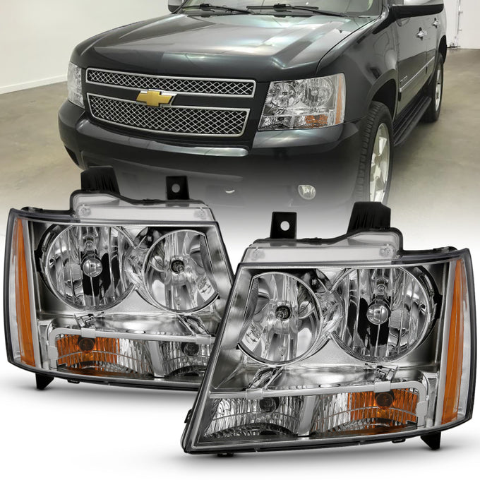 Chrome Amber Crystal Headlights <br> 07-14 Chevy Tahoe, Avalanche
