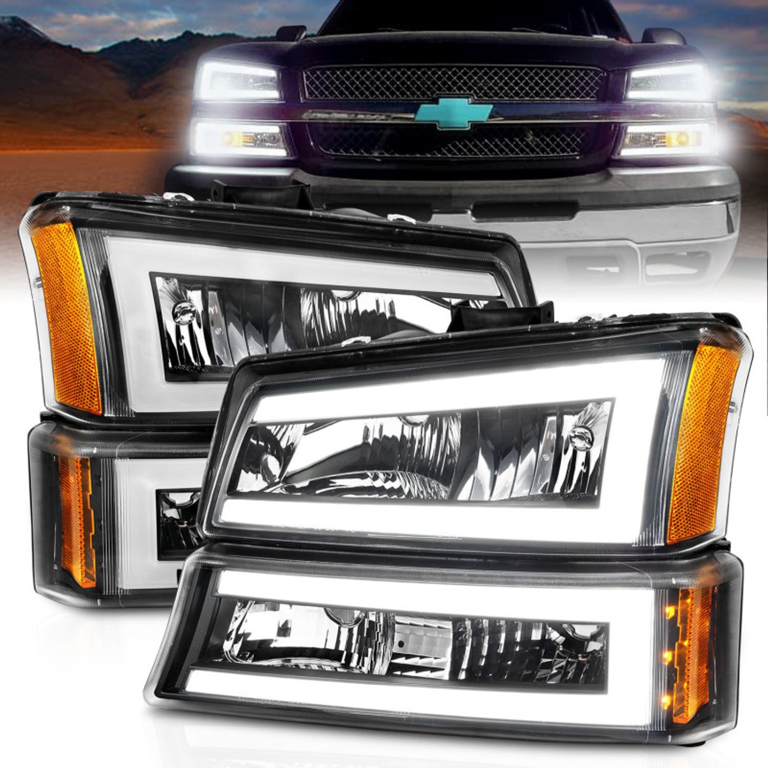 Black Housing Crystal Headlights w/Light Bar <br>03-06 Chevy Silverado 1500, 2500, 3500
