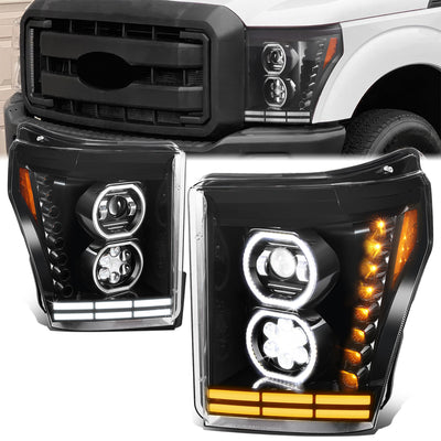 LED DRL Halo Ring Sequential Turn Signal Projector Headlights <br>11-16 Ford F-250 Super Duty