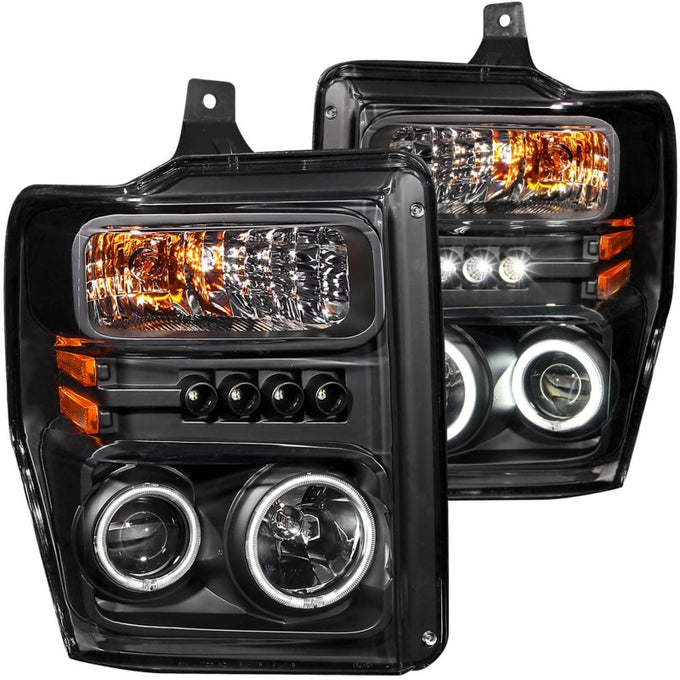 Black LED Halo Projector Headlights <br> 08-10 Ford F250, F350, F450, F550 Super Duty
