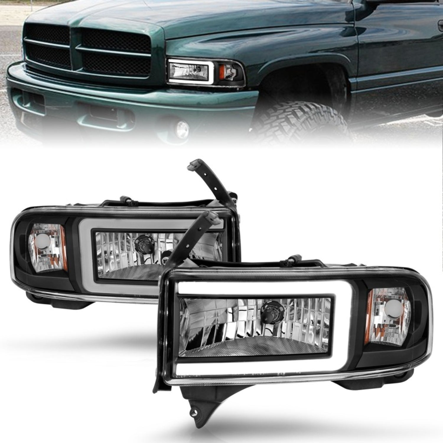Black Housing LED DRL Crystal Headlight <br> 94-02 Dodge RAM 1500 2500 3500