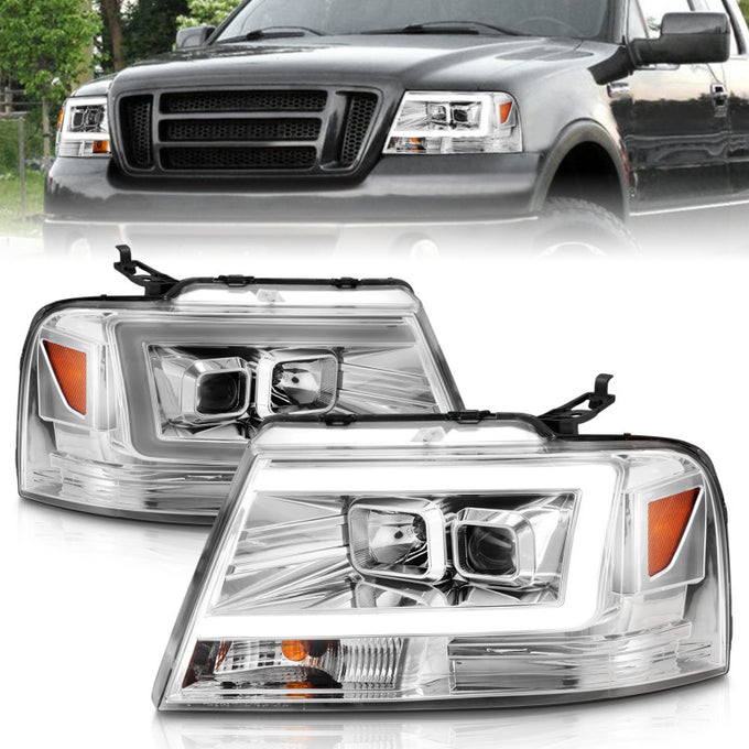 Chrome Housing Projector Headlights w/Light Bar <br>04-08 Ford F-150, 06-08 Lincoln Mark LT
