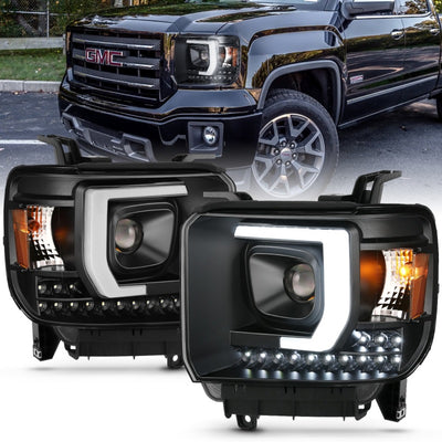 Black LED DRL Projector Headlights Plank Style <br> 14-15 GMC Sierra 1500 2500 3500 HD