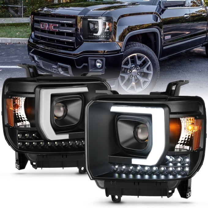 Black LED DRL Projector Headlights Plank Style <br> 14-15 GMC Sierra 1500 2500 3500 HD