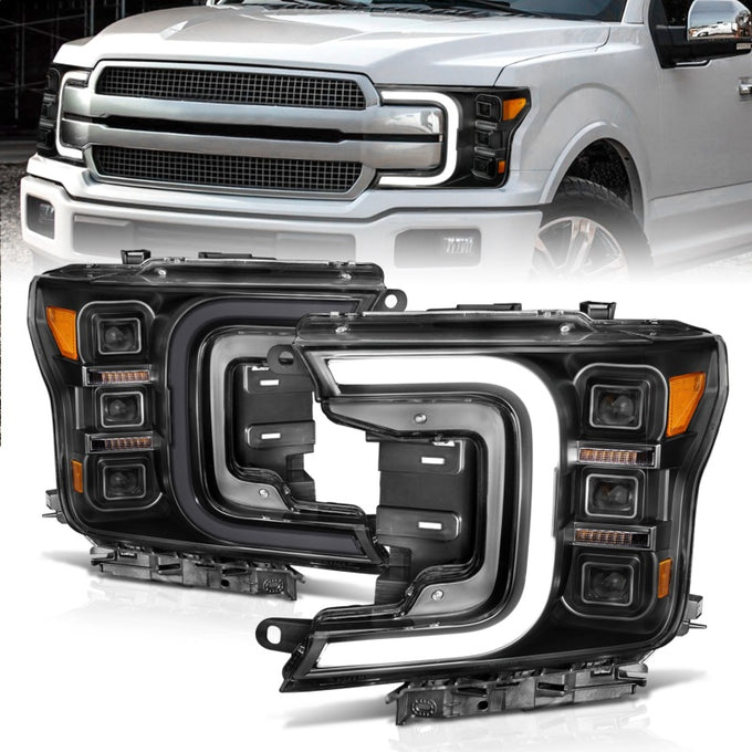Black Amber Full LED Projector Headlights <br> 18-20 Ford F-150