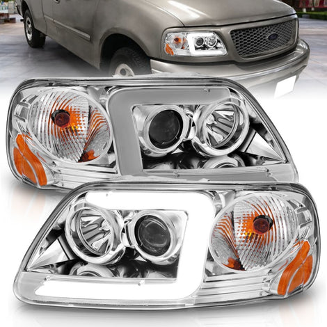 Chrome Projector Headlights w/LED Light Bar <br>97-03 Ford F-150, F-250