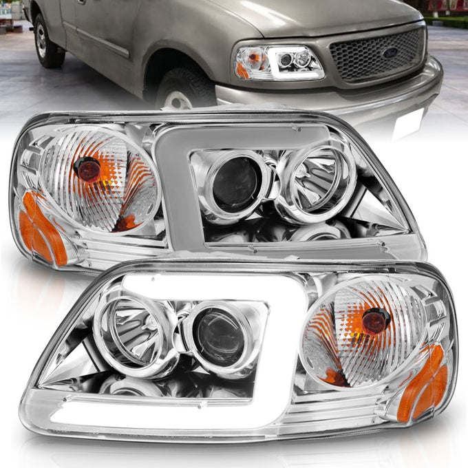 Chrome Projector Headlights w/LED Light Bar <br>97-03 Ford F-150, F-250