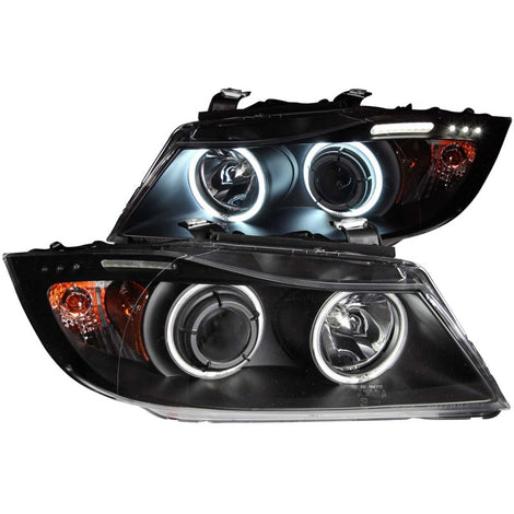 Black LED Halo Projector Headlights <br> 06-08 BMW 3 Series E90-E91