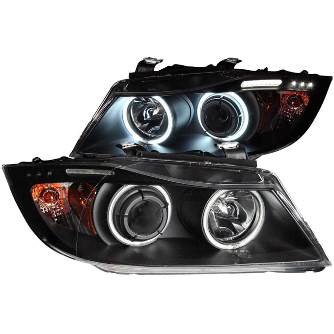 Black LED Halo Projector Headlights <br> 06-08 BMW 3 Series E90-E91