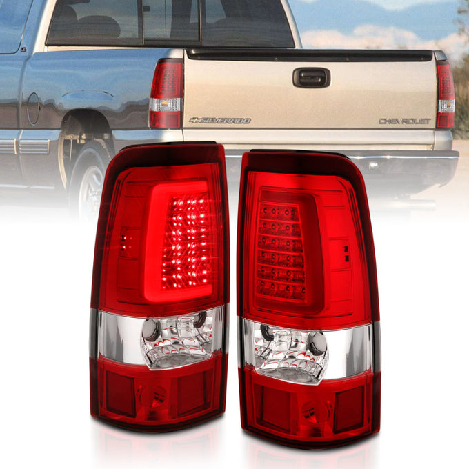 Chrome Housing Red/Plank Style LED Taillights <br> 99-06 Chevy Silverado GMC Sierra 1500 2500 3500