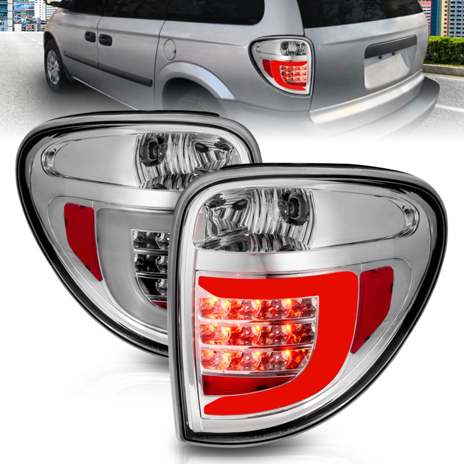 Chrome Housing LED C-Bar Tail Lights <br> 04-07 Dodge Grand Caravan