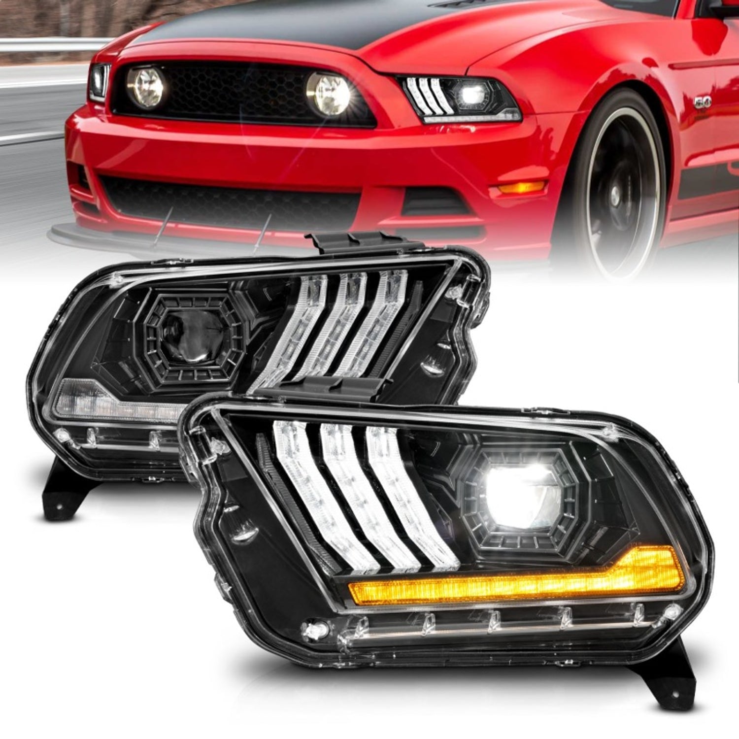 Black Housing LED DRL Projector Headlights <br> 13-14 Ford Mustang