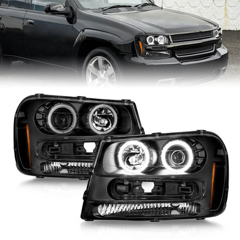 Black LED Halo Projector Headlights<br> 02-09 Chevy Trailblazer