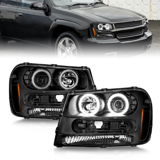 Black LED Halo Projector Headlights<br> 02-09 Chevy Trailblazer