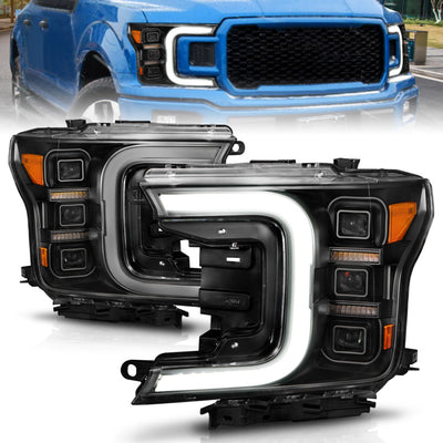 Black Amber Full LED Projector C-Bar Headlights <br> 18-20 Ford F-150