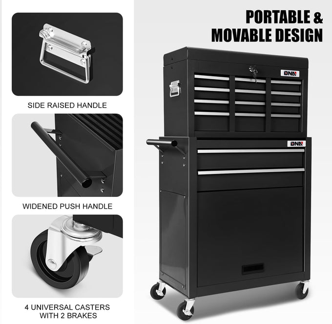 2-in-1 Combination Roller Cabinet <br> w/ Removable Upper Tool Box (Black)
