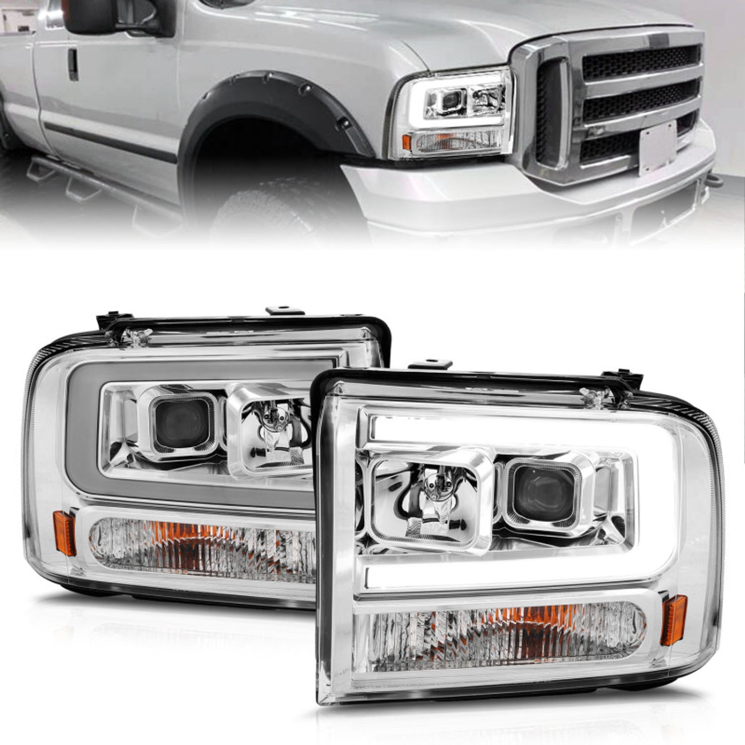 Chrome Housing LED DRL Projector Headlights <br> 99-04 Ford F250/F350/F450/Excursion