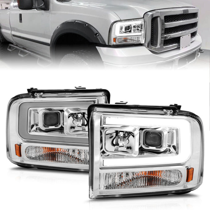 Chrome Housing LED DRL Projector Headlights <br> 99-04 Ford F250/F350/F450/Excursion