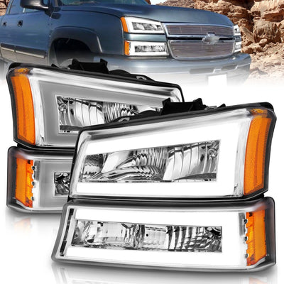 Chrome Housing Crystal Headlights w/Light Bar <br>03-06 Chevy Silverado 1500, 2500, 3500
