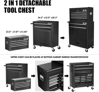 2-in-1 Combination Roller Cabinet <br> w/ Removable Upper Tool Box (Black)