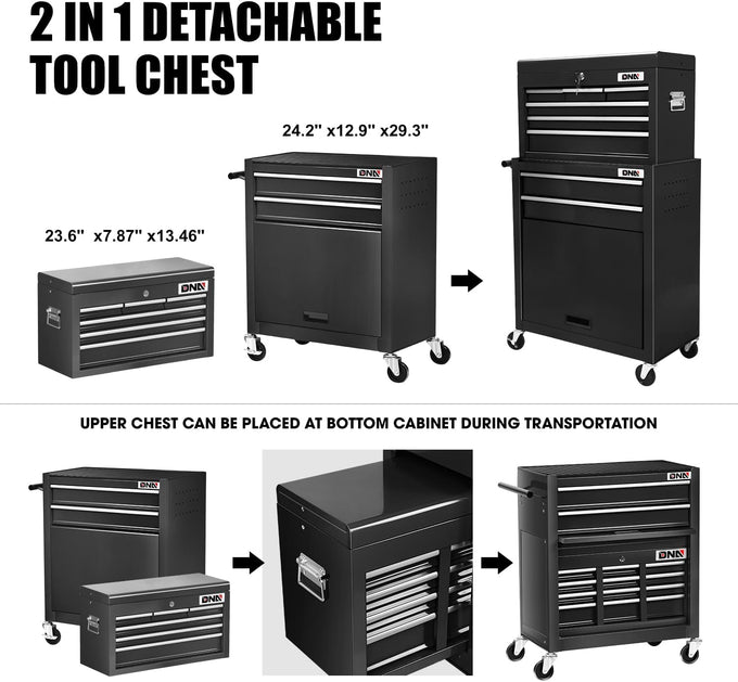 2-in-1 Combination Roller Cabinet <br> w/ Removable Upper Tool Box (Black)