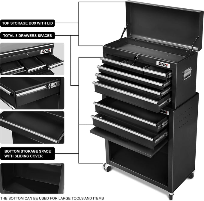 2-in-1 Combination Roller Cabinet <br> w/ Removable Upper Tool Box (Black)