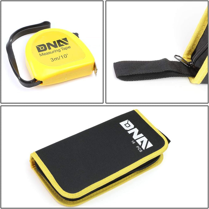 16 Pcs Hand Tool Kit - Plier Adjustable Wrench Magnetic Level Tape Measure (Yellow)