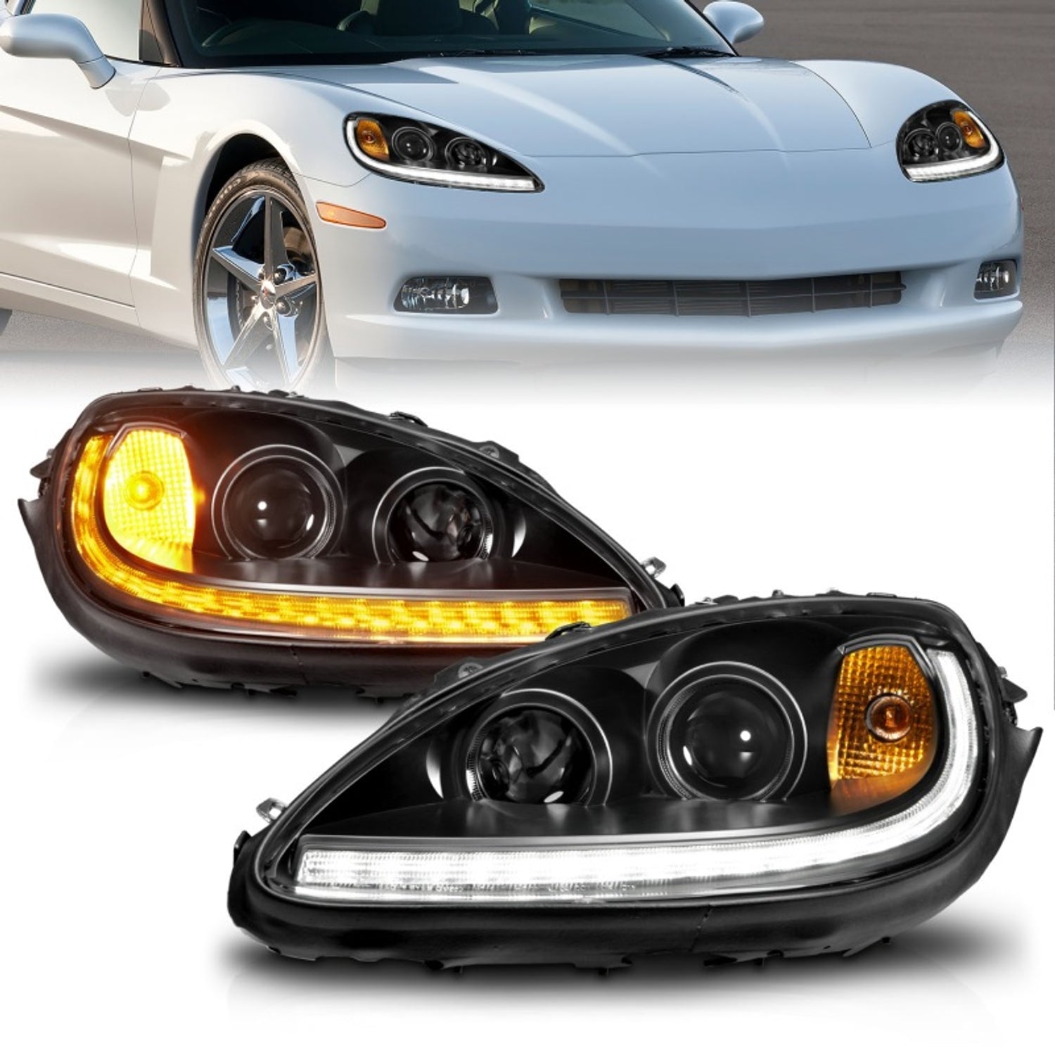 Black Housing LED Switchback Projector Headlights <br> 05-13 Chevy Corvette