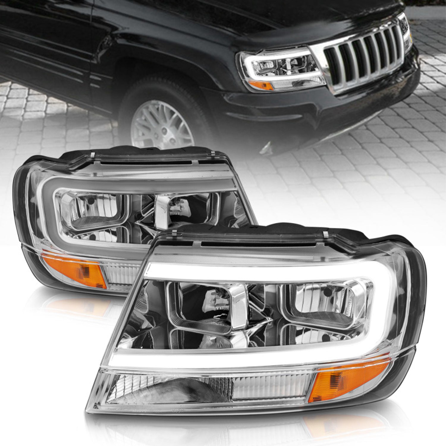 Chrome Plank Style LED Bar Projector Headlights<br> 99-04 Jeep Grand Cherokee