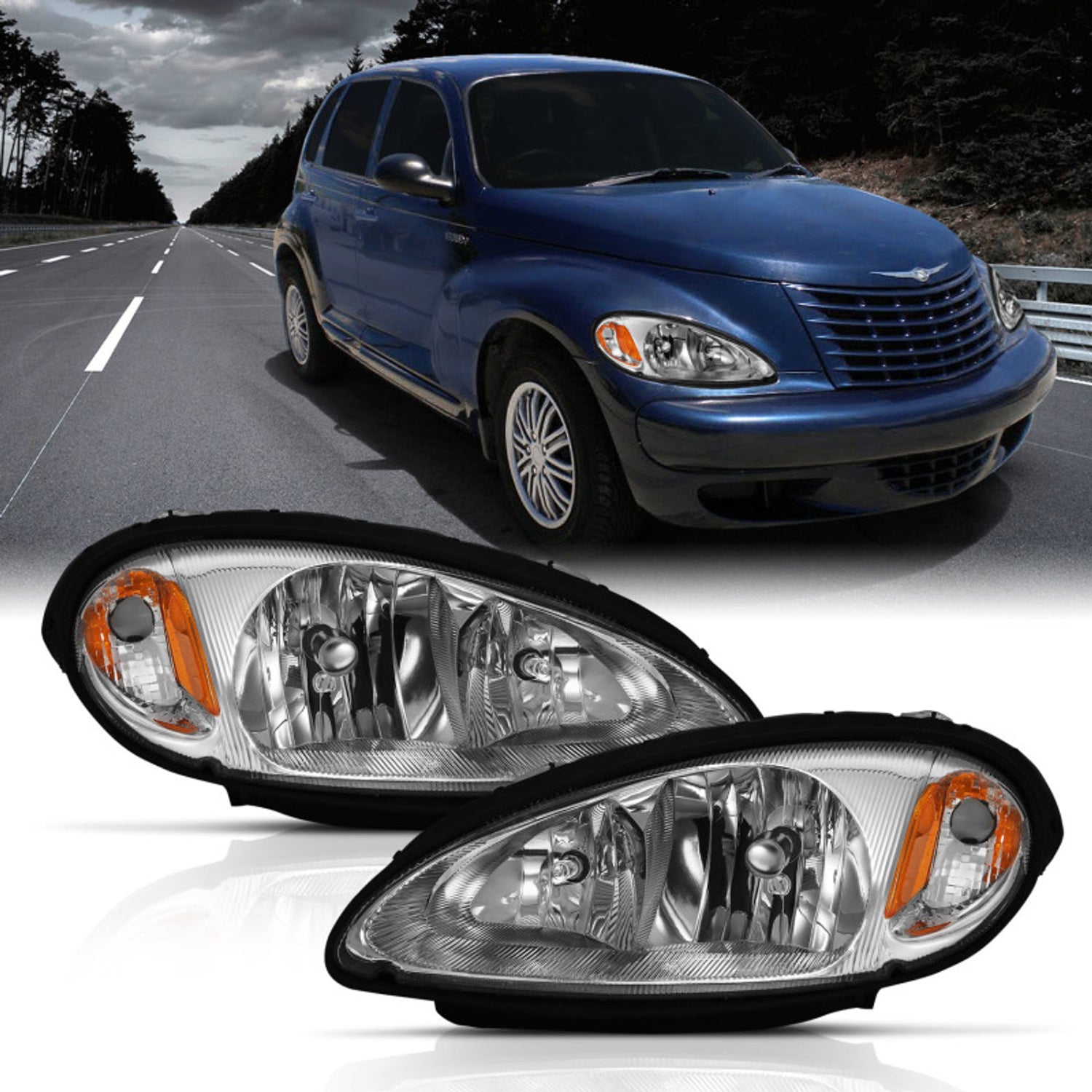 Chrome Amber Crystal Headlights <br> 01-05 Chrysler Pt Cruiser