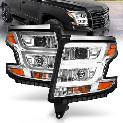 Chrome LED DRL Projector Headlights Plank Style <br> 15-20 Chevy Tahoe Suburban