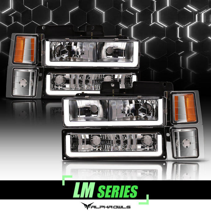LM Series Crystal Headlights w/ LumenX Light Bar <BR> 94-99 Chevy/GMC C/K, Suburban, Tahoe Series