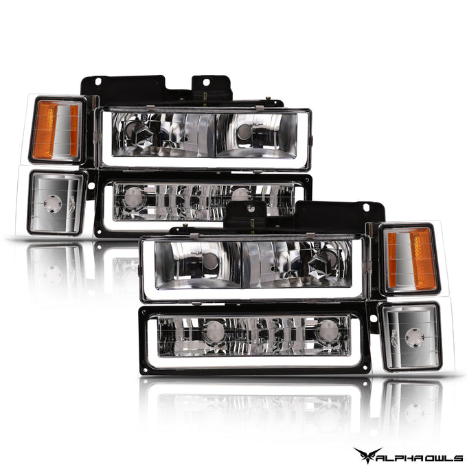 LM Series Crystal Headlights w/ LumenX Light Bar <BR> 94-99 Chevy/GMC C/K, Suburban, Tahoe Series