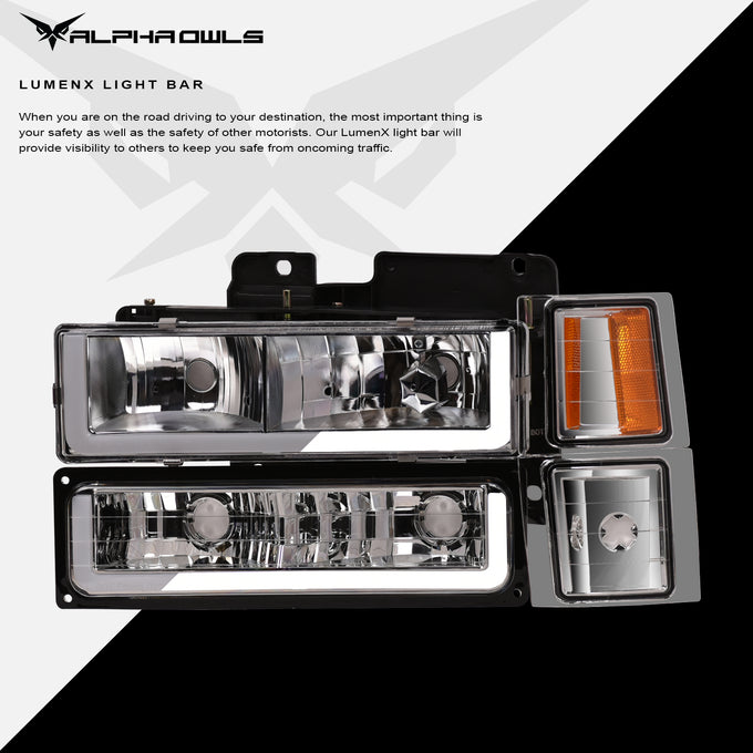 LM Series Crystal Headlights w/ LumenX Light Bar <BR> 94-99 Chevy/GMC C/K, Suburban, Tahoe Series