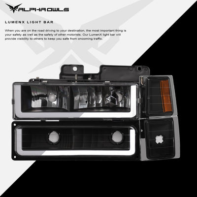 LM Series Crystal Headlights w/ LumenX Light Bar <BR> 94-99 Chevy/GMC C/K, Suburban, Tahoe Series