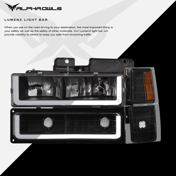 LM Series Crystal Headlights w/ LumenX Light Bar <BR> 94-99 Chevy/GMC C/K, Suburban, Tahoe Series