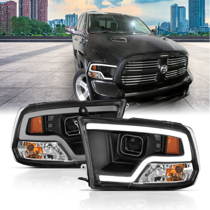 Black Plank Style LED DRL Halo Projector Headlights<br>09-18 Dodge Ram 1500 2500 3500