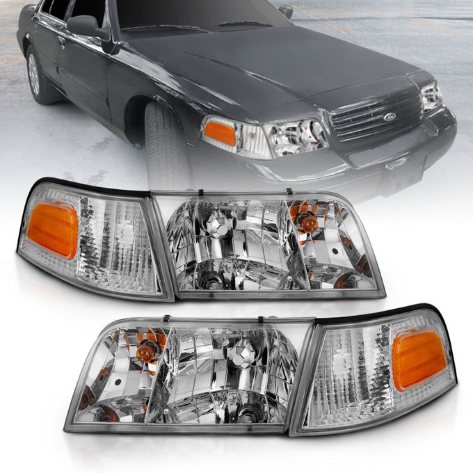Chrome Crystal Headlights w/Bumper Light <br>98-05 Ford Crown Victoria
