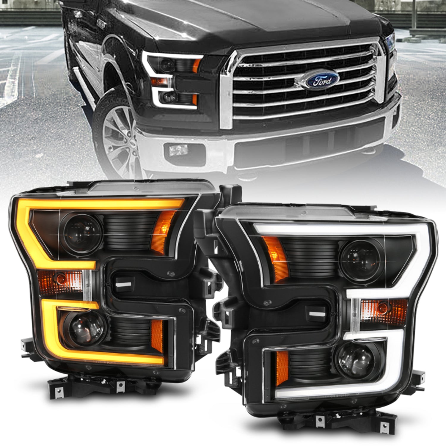 Black Amber Plank Style Projector Headlights <br> 15-17 Ford F-150