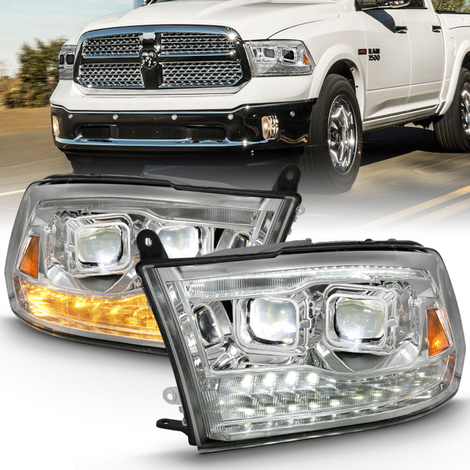 Chrome LED Halo Switchback Projector Headlight Plank Style <br> 09-18 Dodge Ram 1500 2500 3500