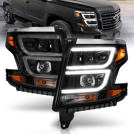 Black LED DRL Projector Headlights Plank Style <br> 15-20 Chevy Tahoe Suburban