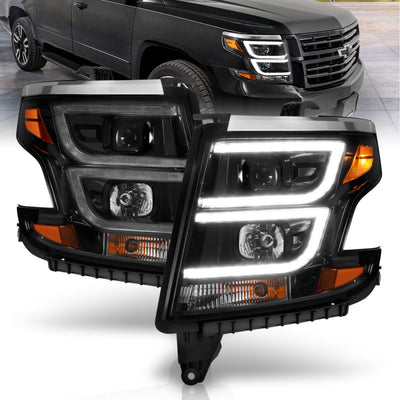 Black LED DRL Projector Headlights Plank Style <br> 15-20 Chevy Tahoe Suburban