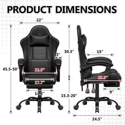 Footrest High Back Video Game Chair w/Headrest <br>26 in. D x 22.5 in. W x 40 in. H