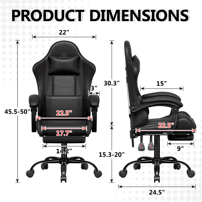 Footrest High Back Video Game Chair w/Headrest <br>26 in. D x 22.5 in. W x 40 in. H
