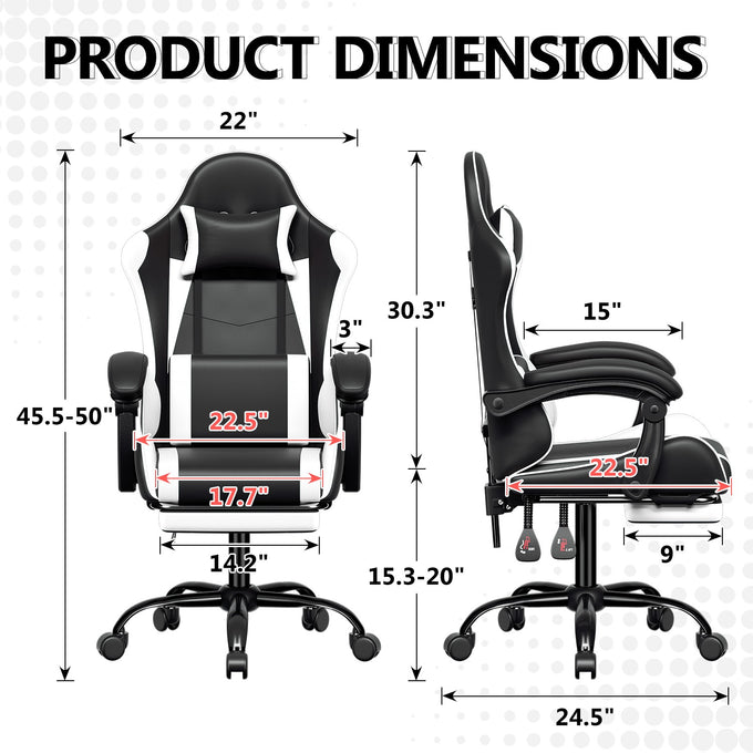 Footrest High Back Video Game Chair w/Headrest <br>26 in. D x 22.5 in. W x 40 in. H