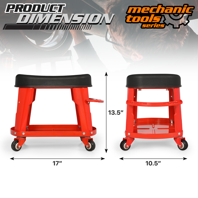 Heavy Duty Garage Rolling Workshop Stool <br>Dimensions: 16.5 x 10.5 x 14 in.